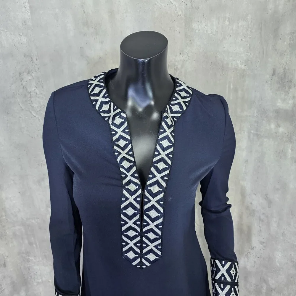 Tory Burch 2 Navy Blue Ariana Embroidered Knit Trim V Neck Long Sleeve Tunic Top